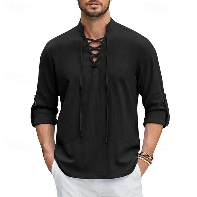 Long-sleeved shirt with lace-up neckline