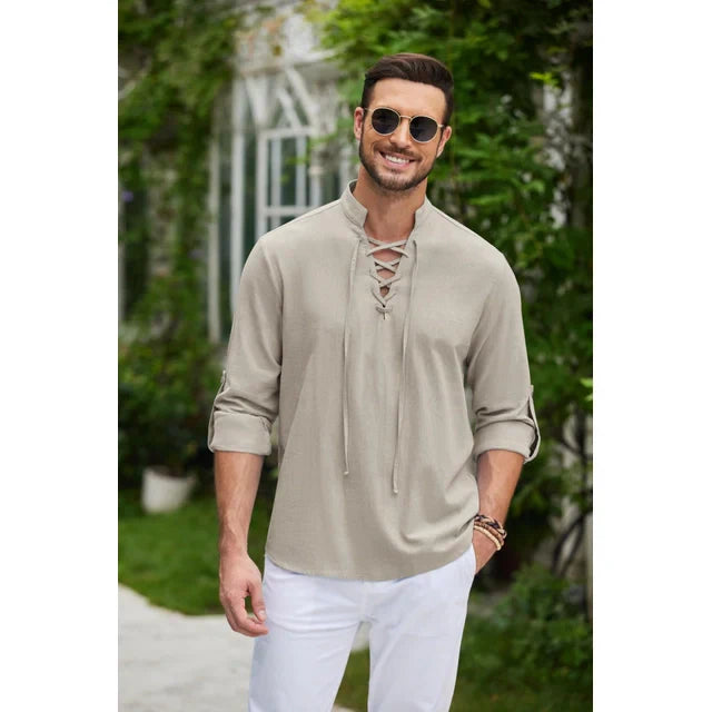 Long-sleeved shirt with lace-up neckline