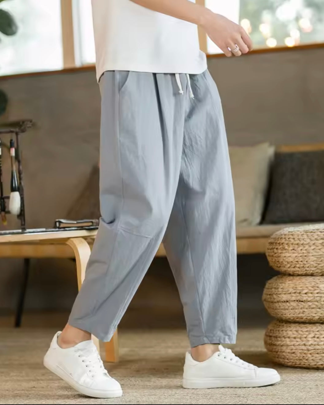 Relaxed fit drawstring trousers with tapered leg
