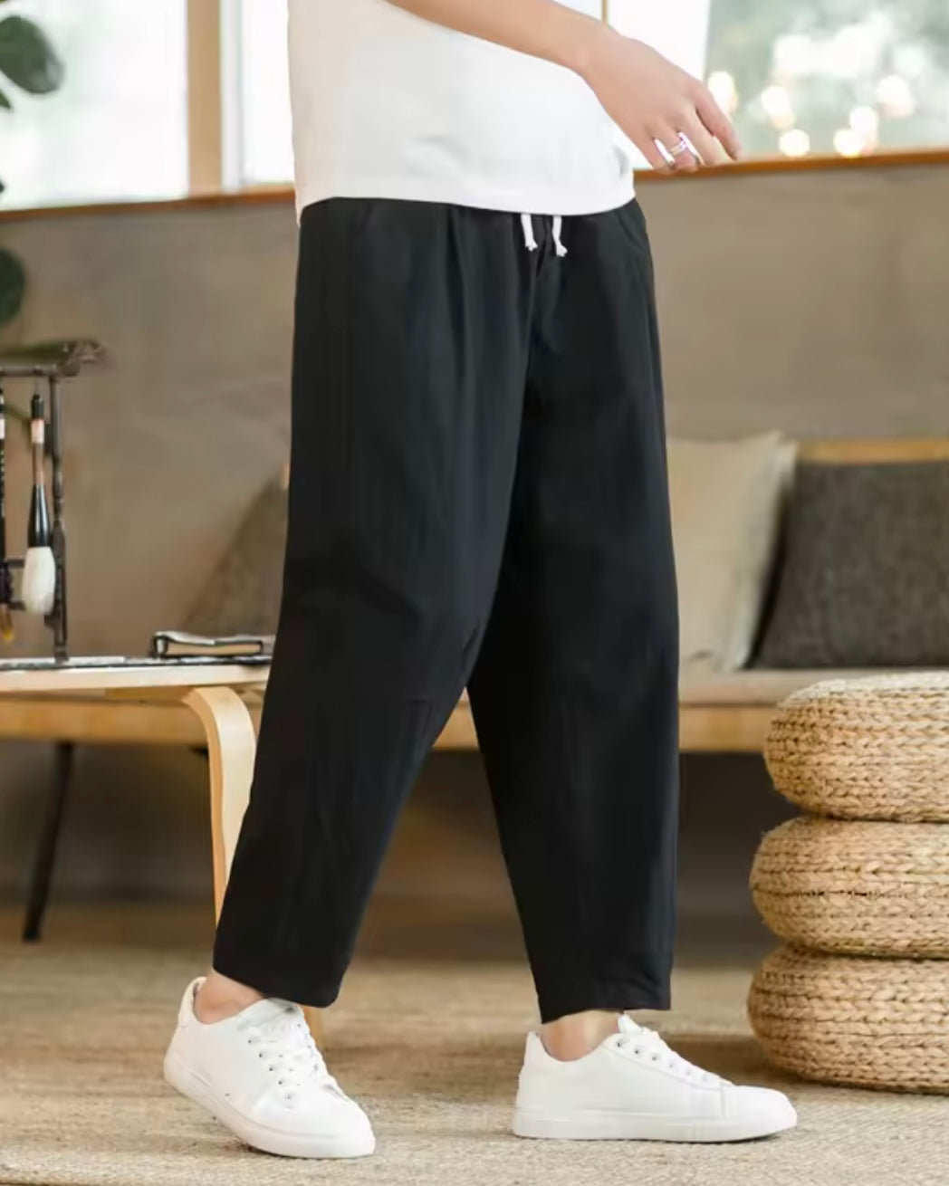 Relaxed fit drawstring trousers with tapered leg