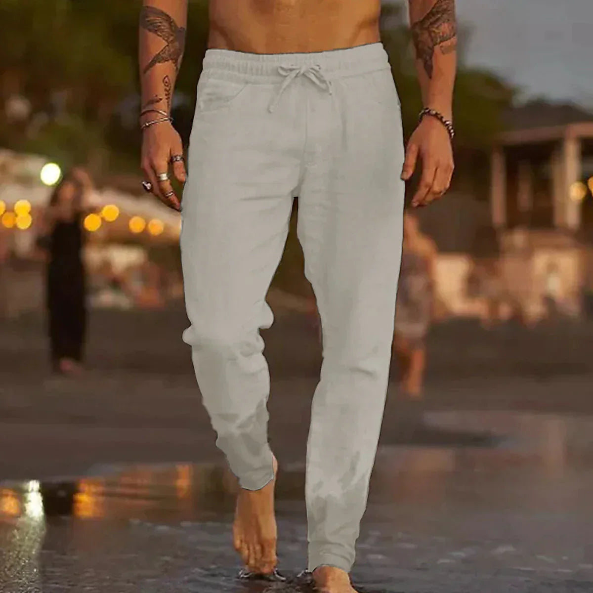 Men's trousers with elastic waistband and drawstring