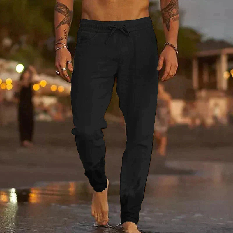 Men's trousers with elastic waistband and drawstring