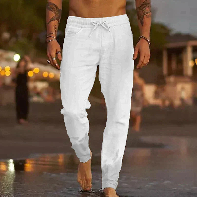 Men's trousers with elastic waistband and drawstring