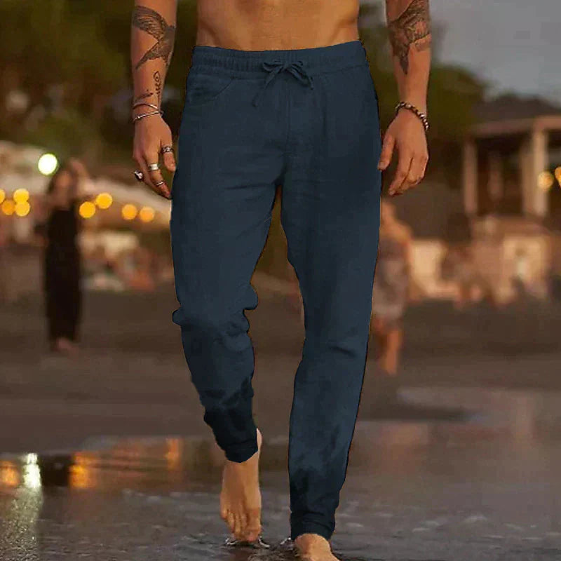 Men's trousers with elastic waistband and drawstring