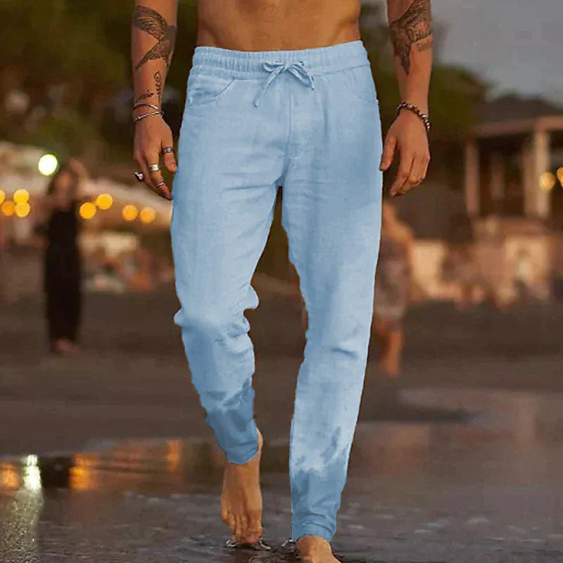 Men's trousers with elastic waistband and drawstring