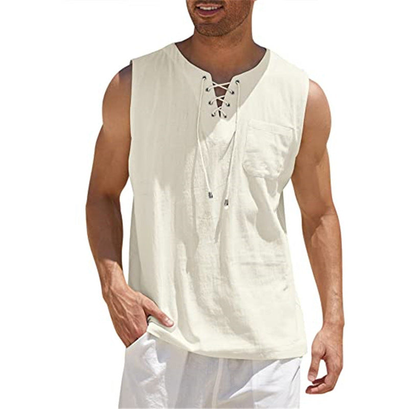 Men's sleeveless top with lacing and textured pattern