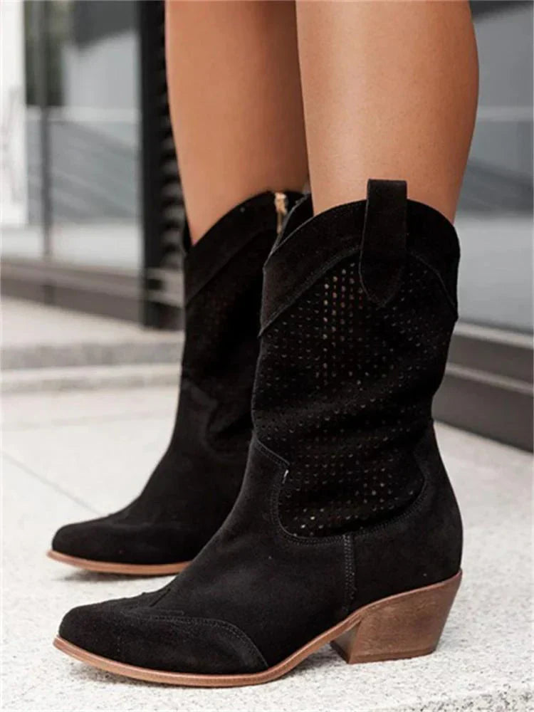 Women’s Mid-Calf Boots with Block Heel and Cut-Out Design