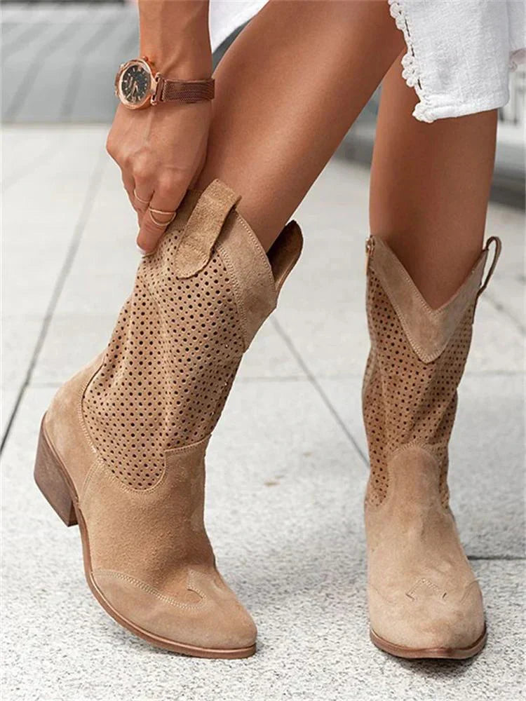 Women’s Mid-Calf Boots with Block Heel and Cut-Out Design