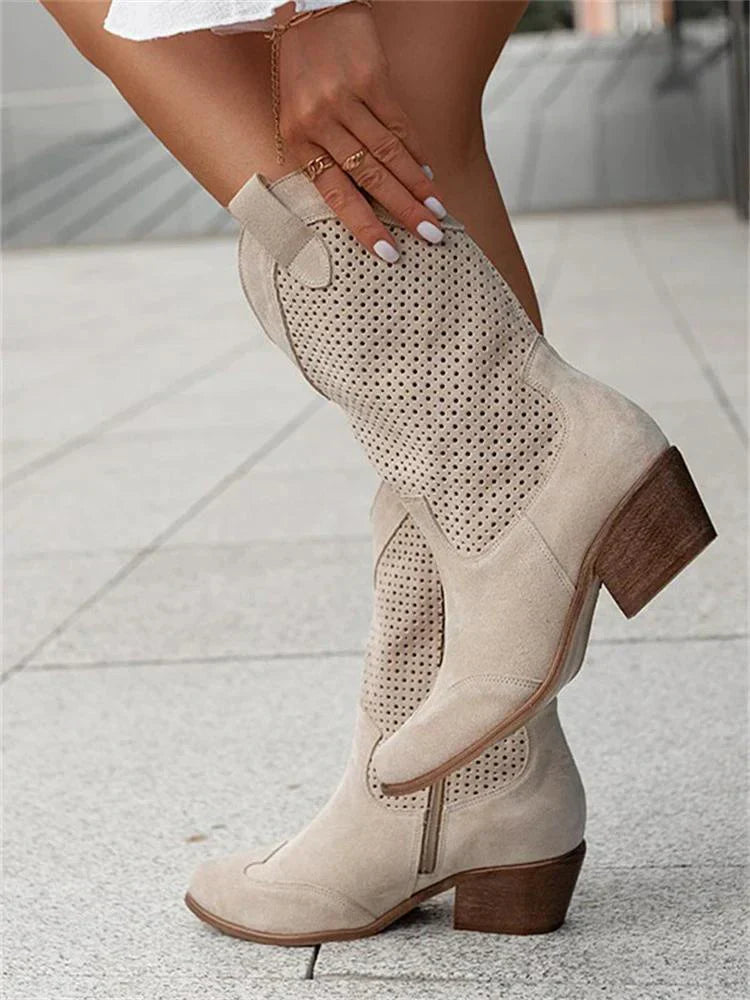 Women’s Mid-Calf Boots with Block Heel and Cut-Out Design