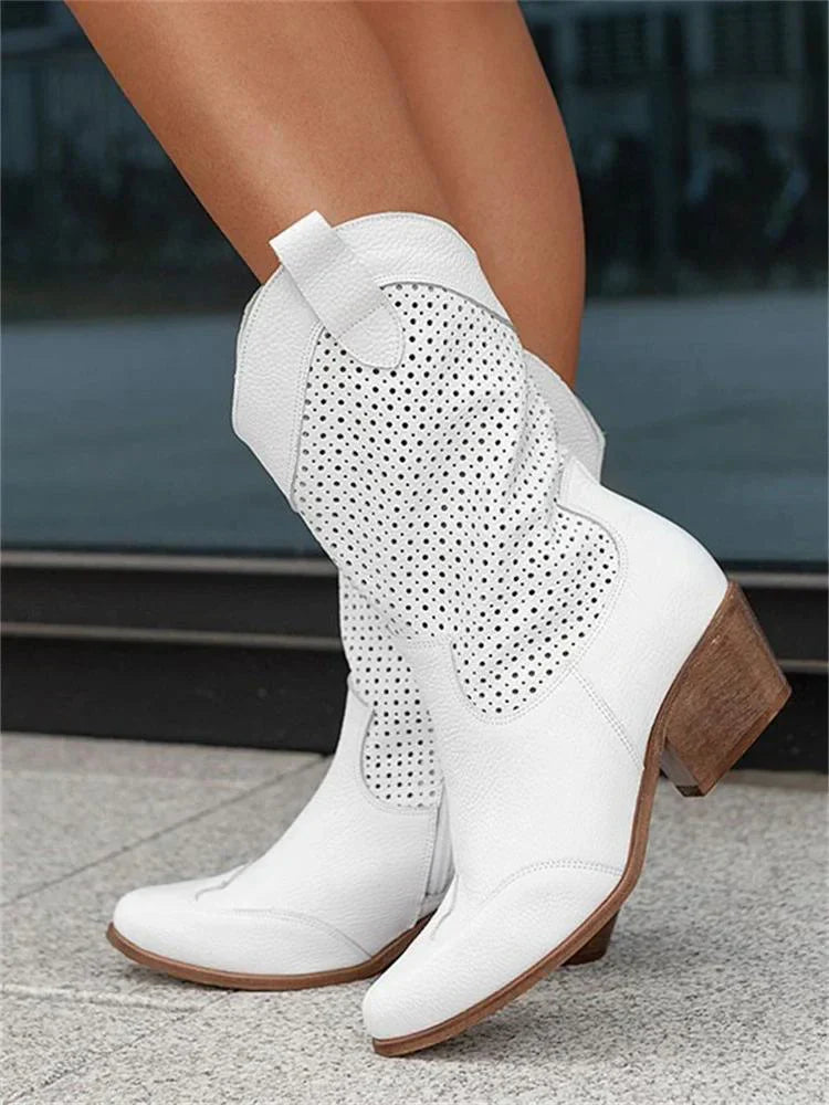 Women’s Mid-Calf Boots with Block Heel and Cut-Out Design