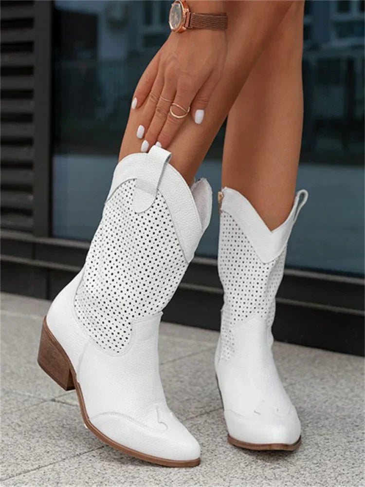 Women’s Mid-Calf Boots with Block Heel and Cut-Out Design