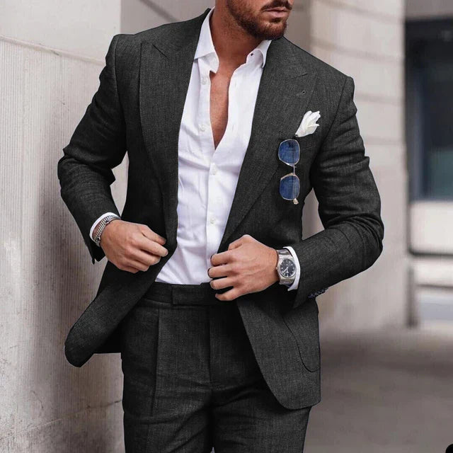 Men's suit with jacket and trousers made of finely structured fabric