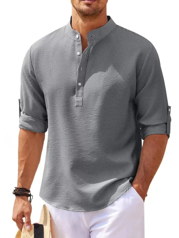 Lightweight men's shirt with stand-up collar and half button placket