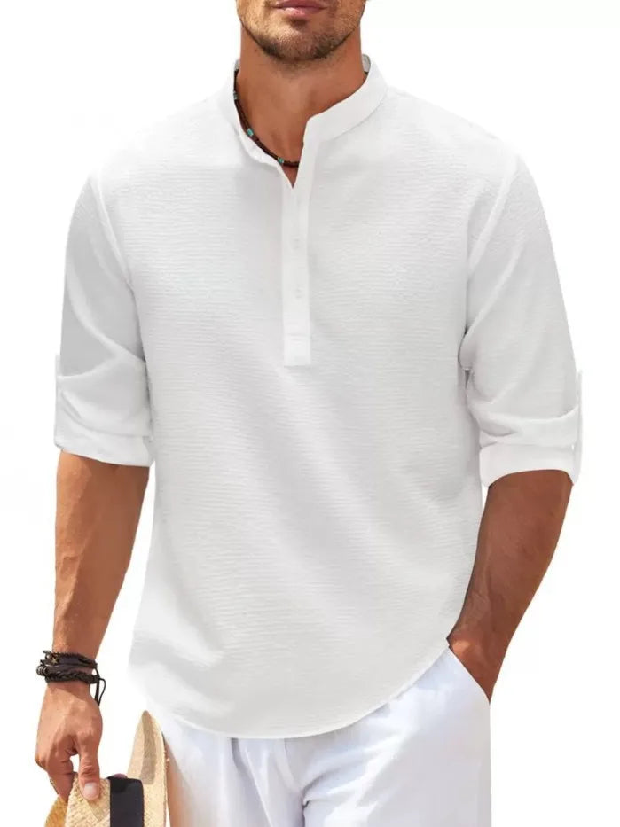 Lightweight men's shirt with stand-up collar and half button placket