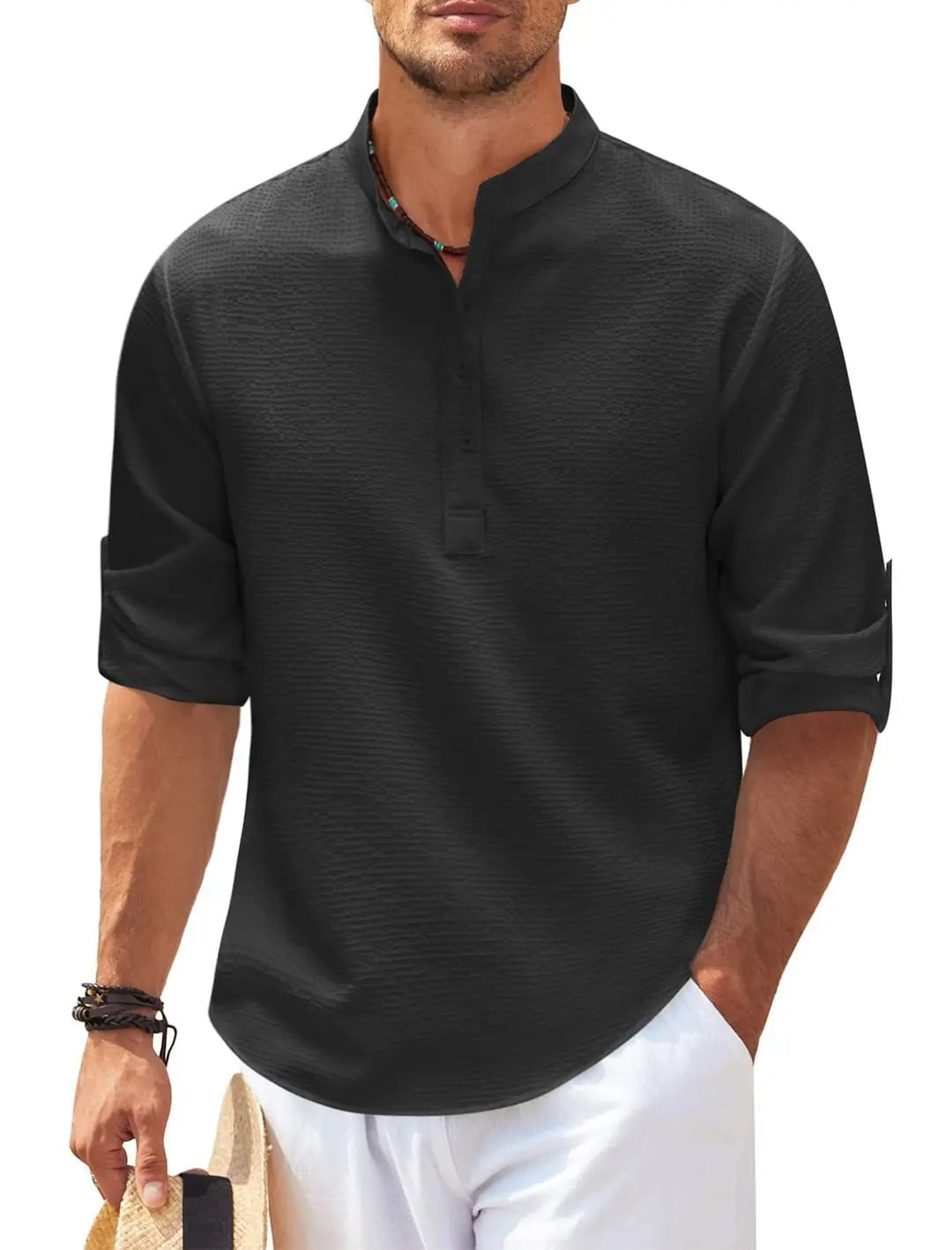 Lightweight men's shirt with stand-up collar and half button placket