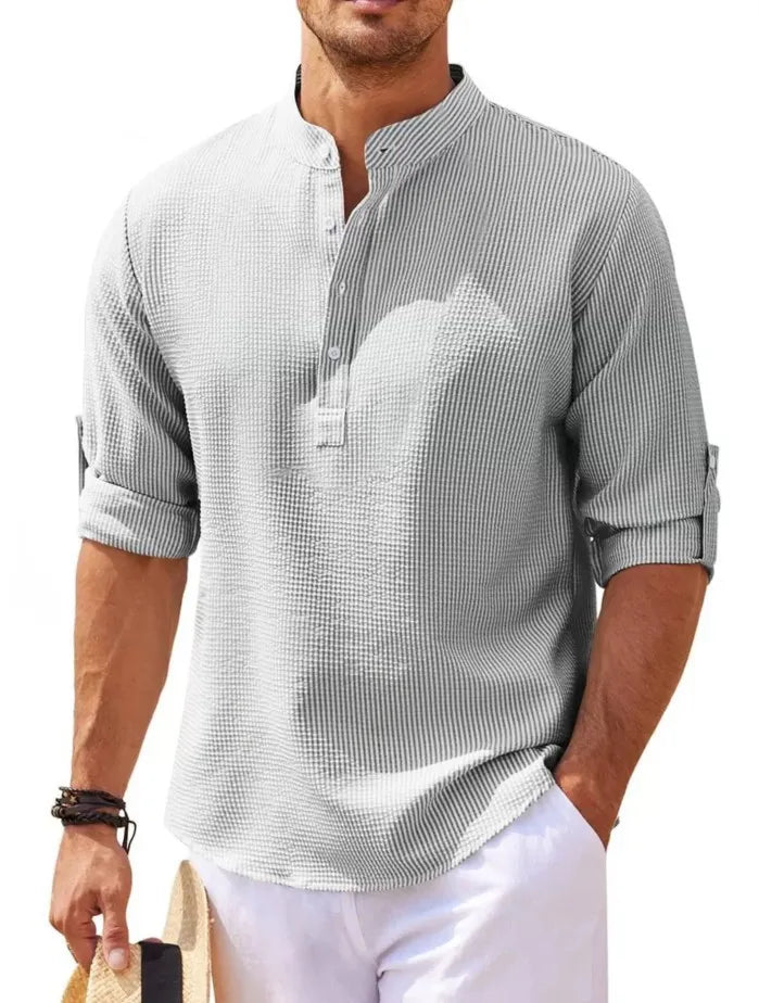 Lightweight men's shirt with stand-up collar and half button placket