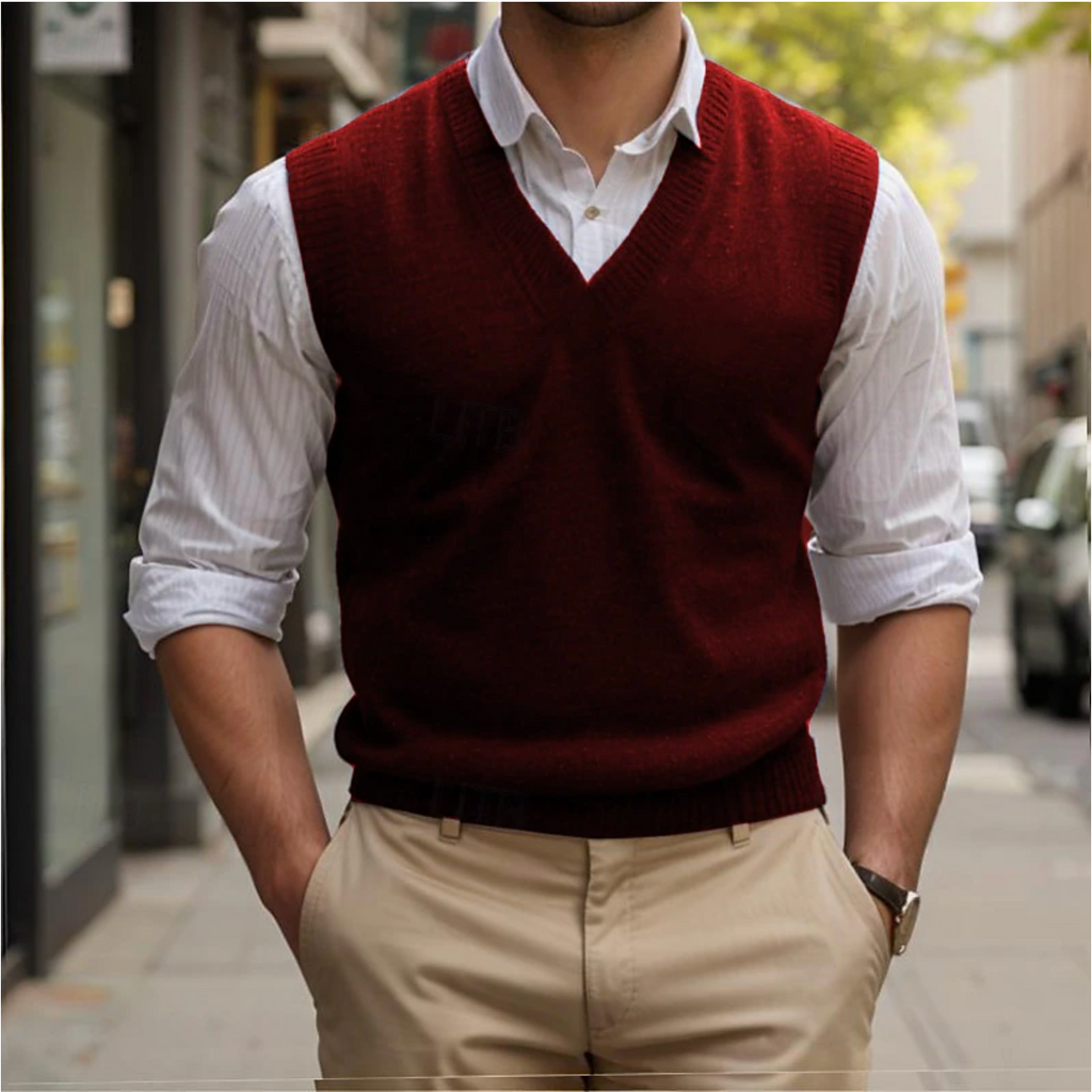 Men’s V-Neck Knitted Vest with Sleeveless Design