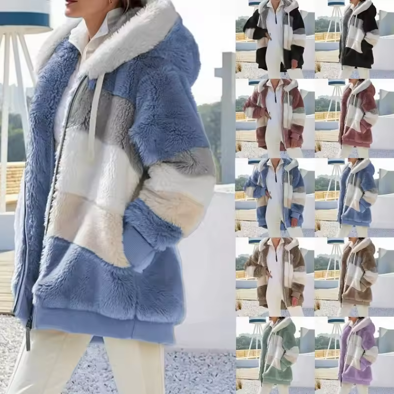 Women’s Hooded Jacket with Striped Design and Zipper Closure