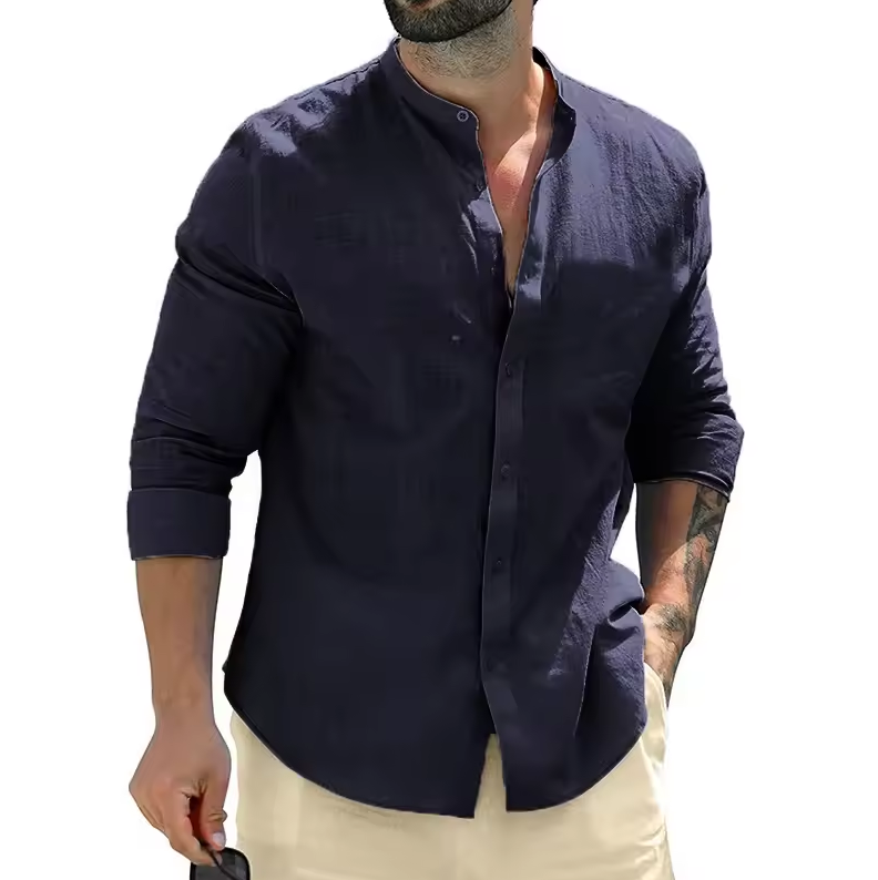 Long-sleeved button-down shirt with band collar
