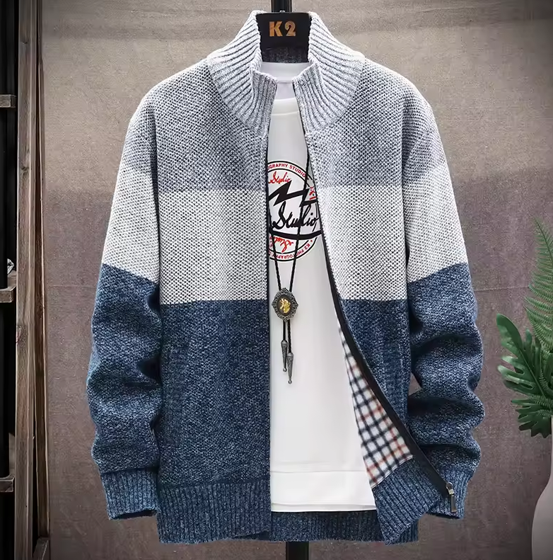 Knitted zip-up cardigan with color block design