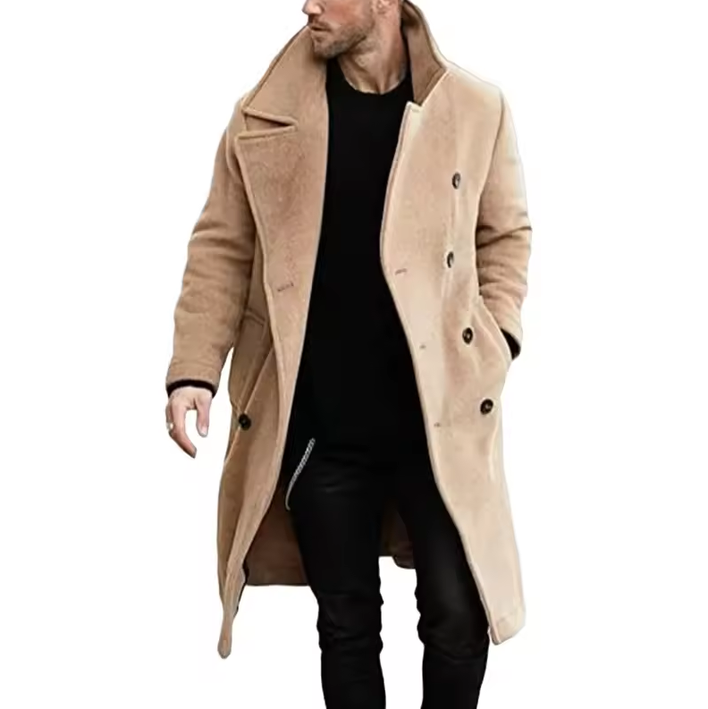 Long double-breasted coat with lapel collar