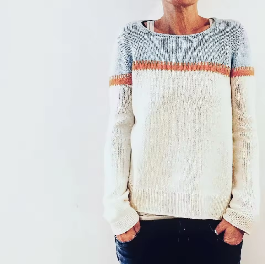 Knitted sweater with contrasting upper panel and stripe detail