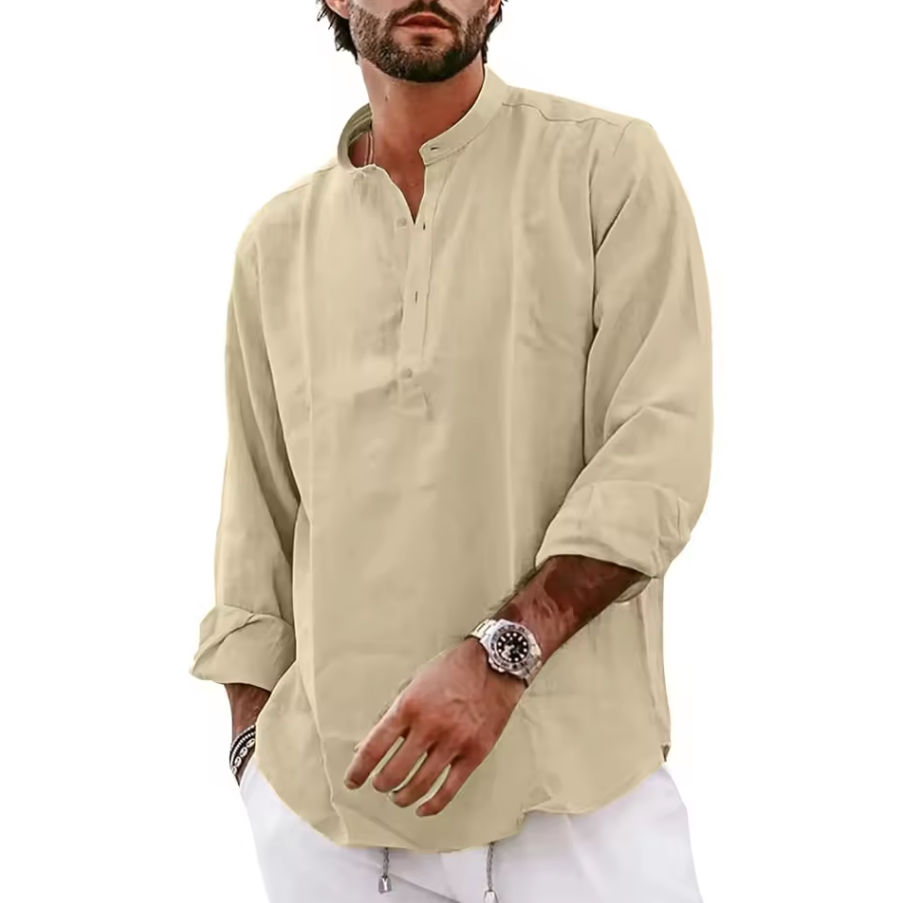 Long-sleeved shirt with band collar and partial button placket
