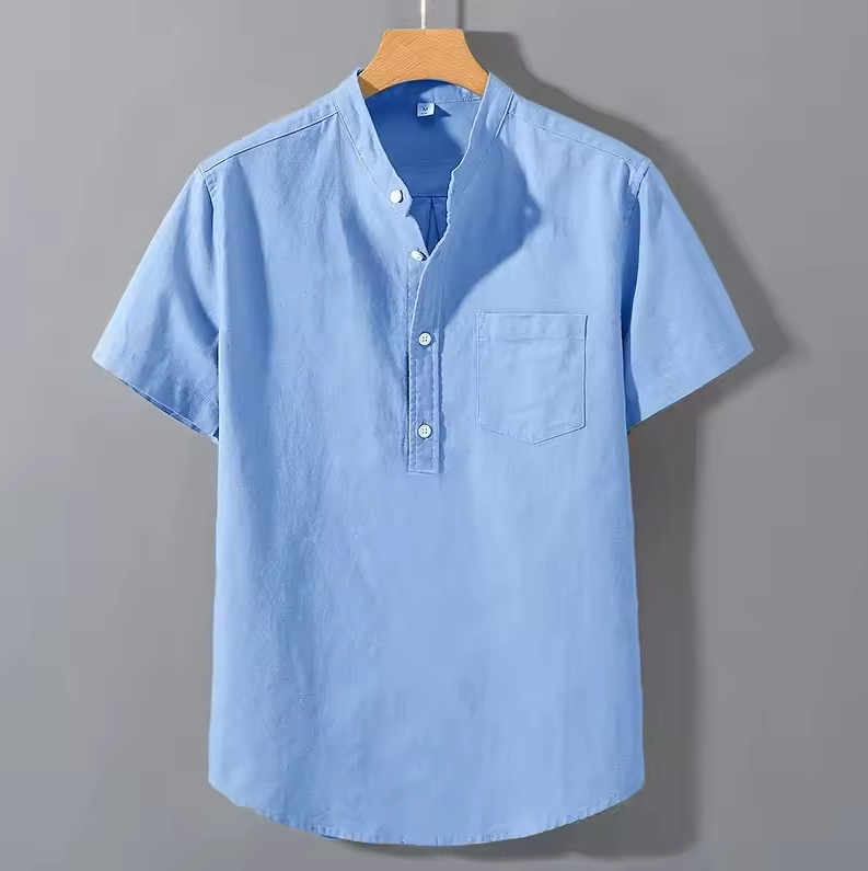 Short-sleeved shirt with band collar and chest pocket
