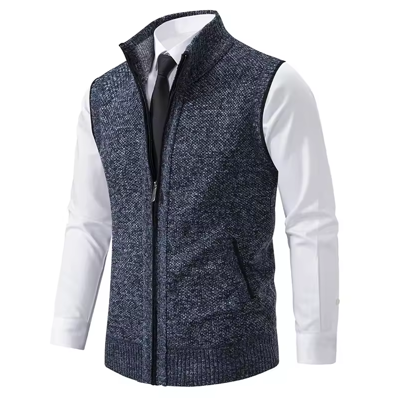 Zip-up vest with stand-up collar and textured design