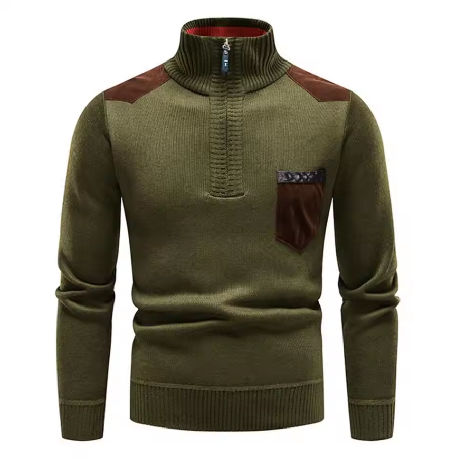 Knitted sweater with stand-up collar and chest pocket