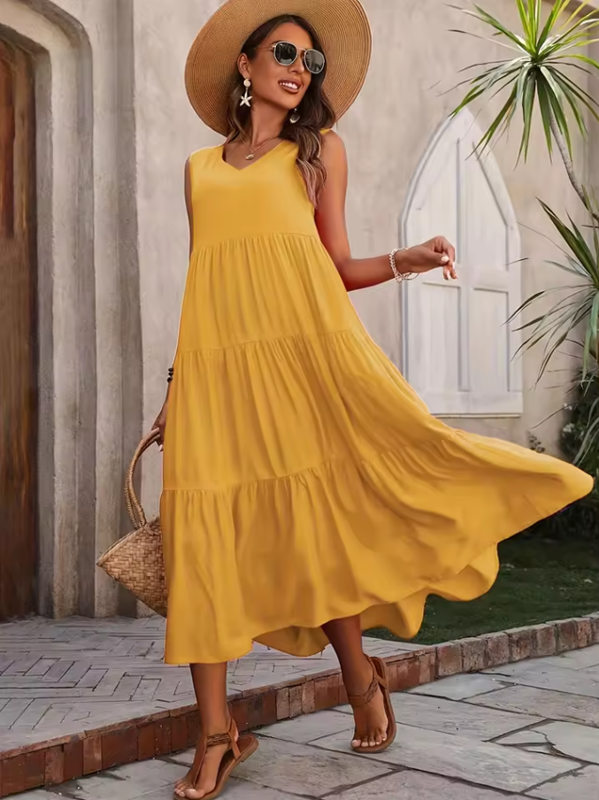 Sleeveless tiered maxi dress with round neckline