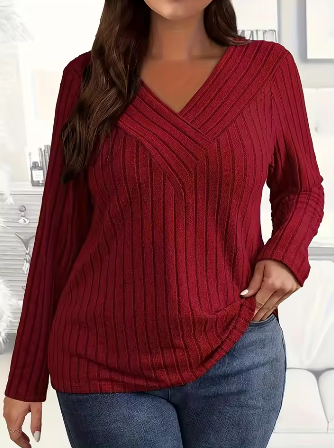 Knitted V-neck sweater with ribbed texture