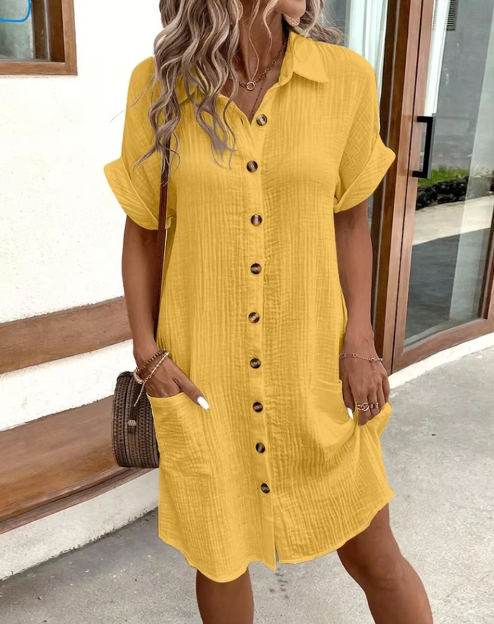 Long short-sleeved dress for women with button placket