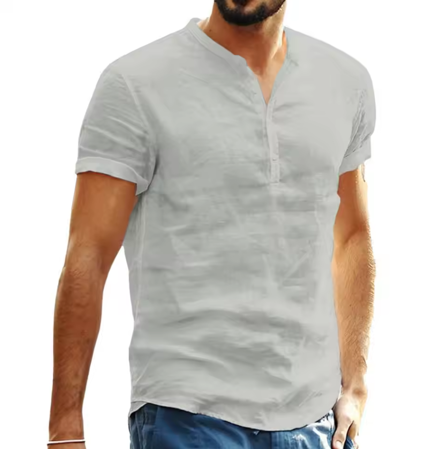 Men’s short-sleeve shirt with notch neckline and partial button placket
