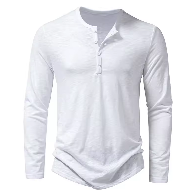 Long-sleeved shirt with round neckline and button placket