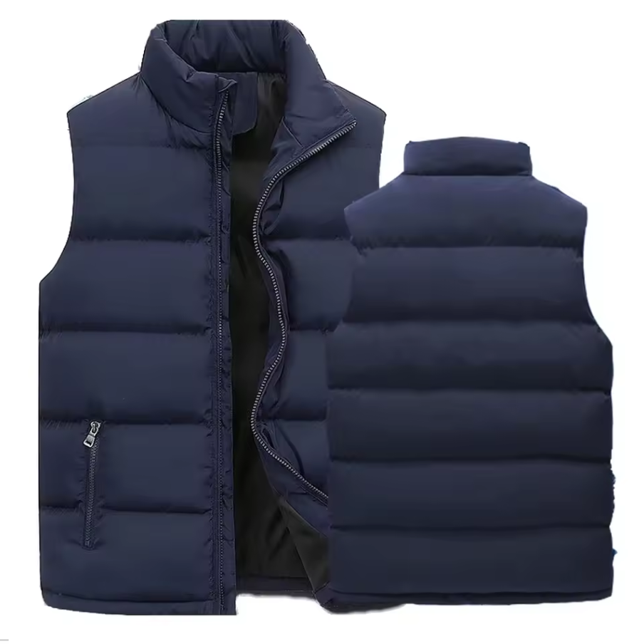 Padded quilted vest with zip-up front and stand-up collar