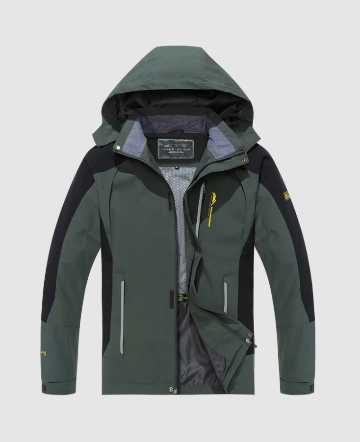 Hooded jacket with zip-up front and multiple pockets