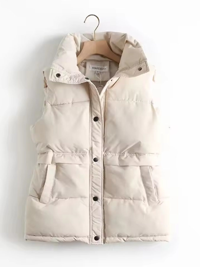 Padded quilted vest with detachable hood and button closure