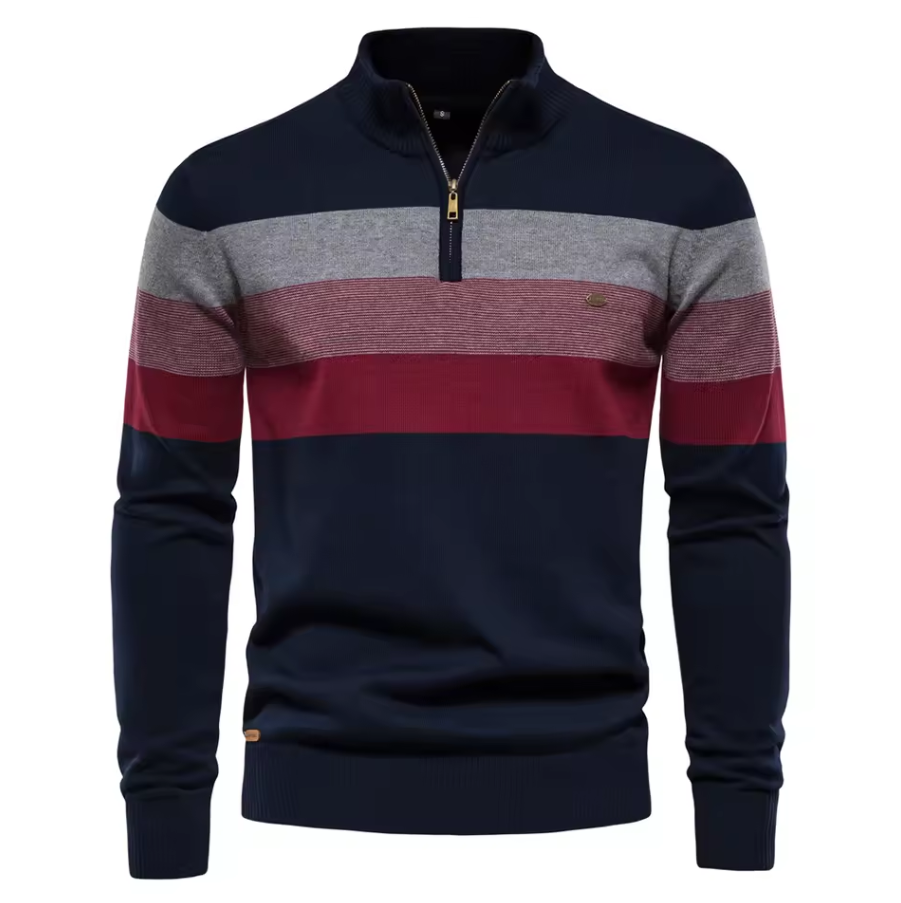 Knitted sweater with stand-up collar and stripe pattern