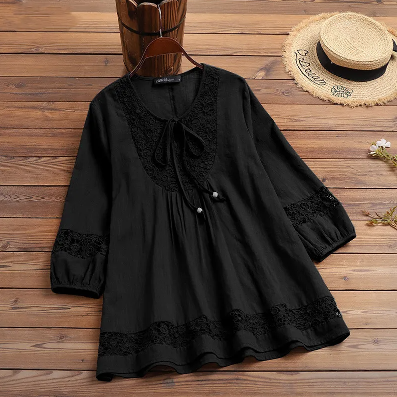 Women’s lace-trimmed button-up tunic blouse with 3/4 sleeves