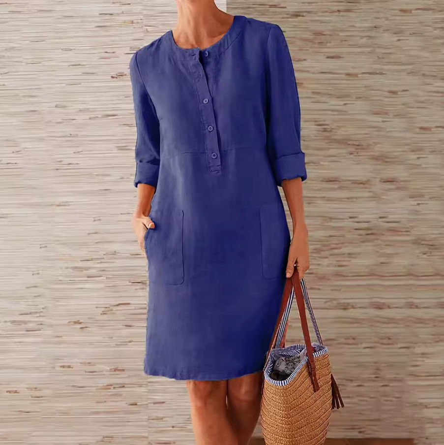 Straight-cut dress with round neckline and button placket