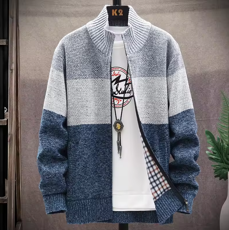Knitted zip-up cardigan with color block design