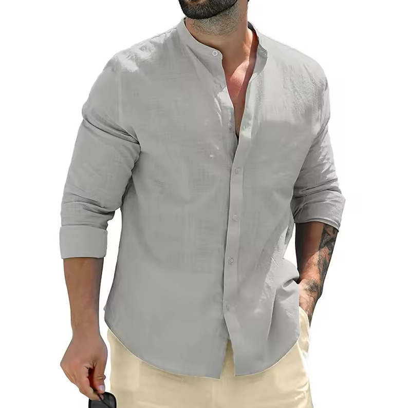 Long-sleeved button-down shirt with band collar