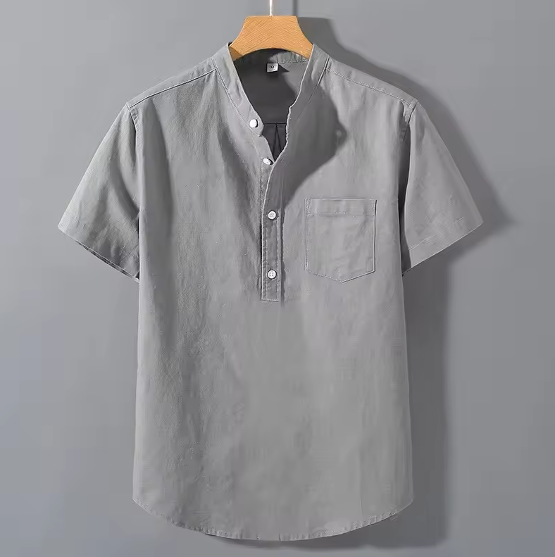 Short-sleeved shirt with band collar and chest pocket