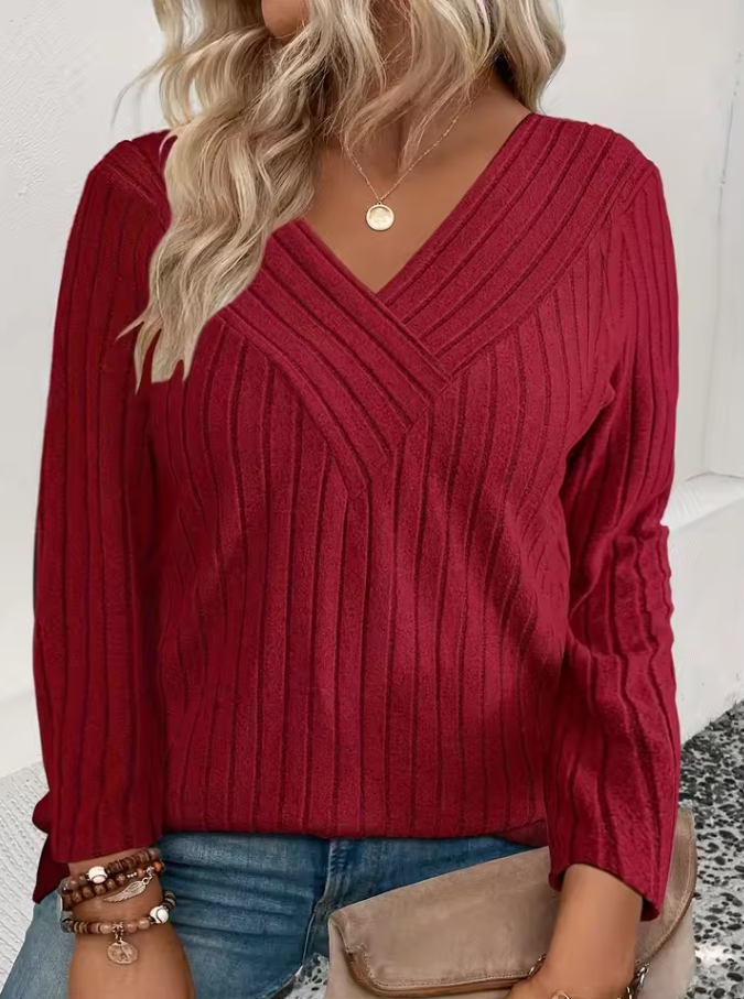 Knitted V-neck sweater with ribbed texture