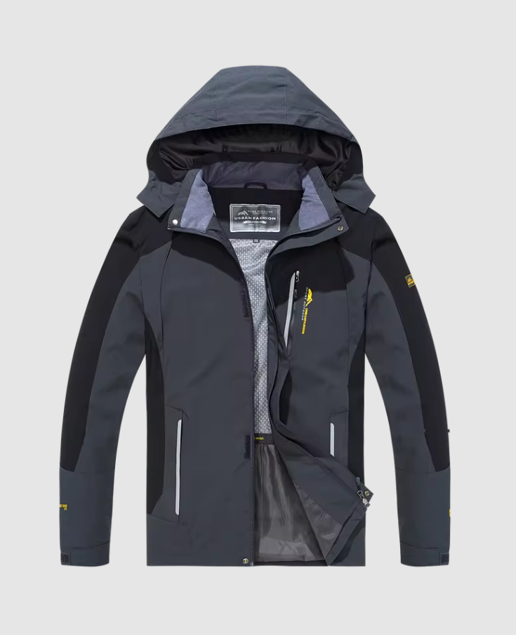 Hooded jacket with zip-up front and multiple pockets