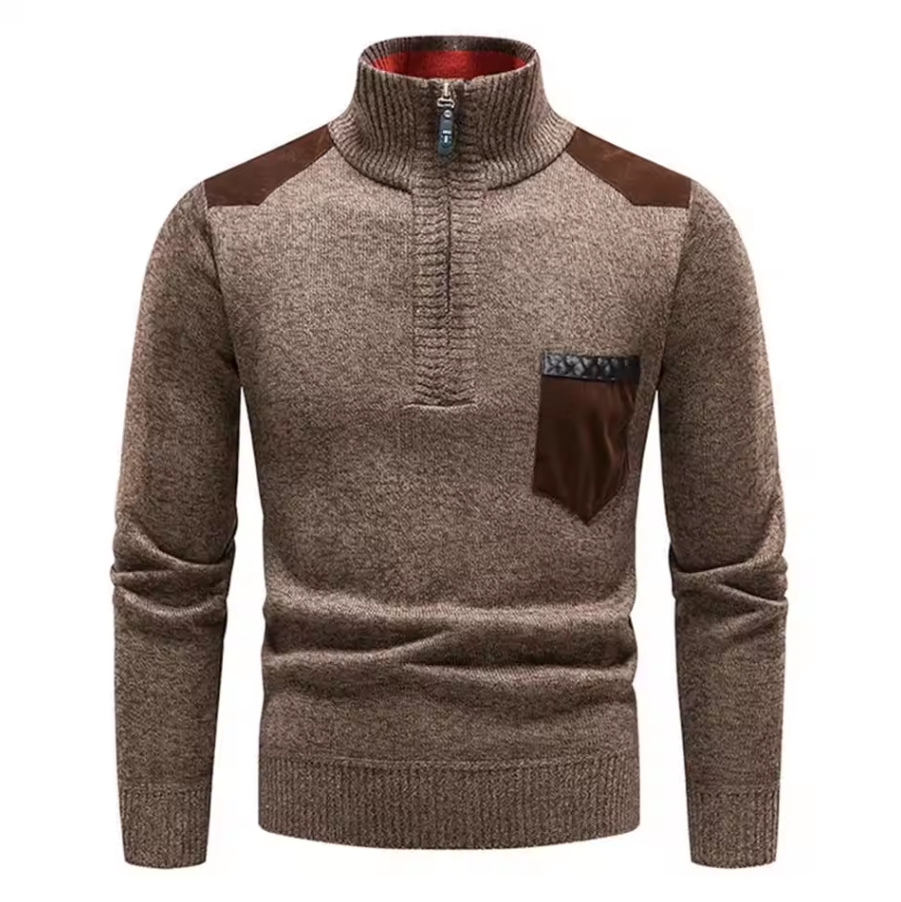 Knitted sweater with stand-up collar and chest pocket
