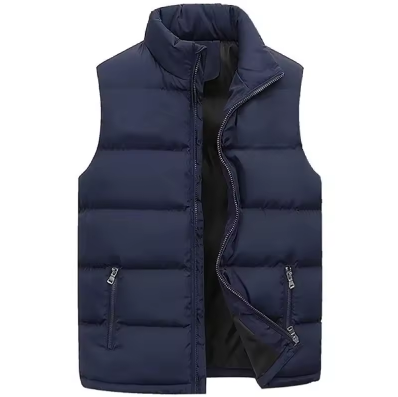 Padded quilted vest with zip-up front and stand-up collar