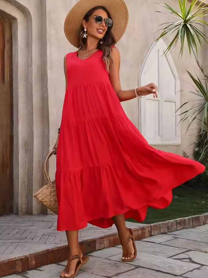 Sleeveless tiered maxi dress with round neckline