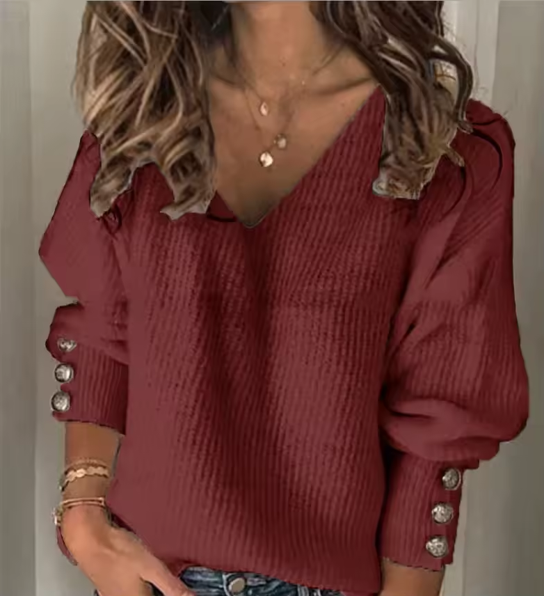 Women’s V-neck knit sweater with button-sleeve detail